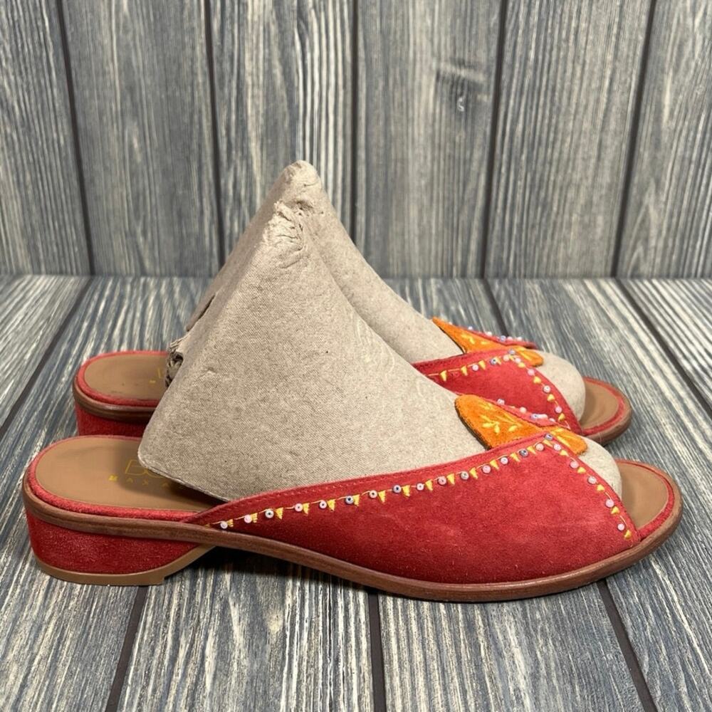 BCBG Max Azria Women Red Orange Suede Slip Slides Sandals Beaded Sz‎ 6/38 Summer